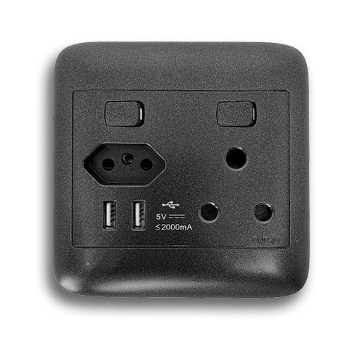 Single Switch Socket +Euro +2 Usb 4X4 Black